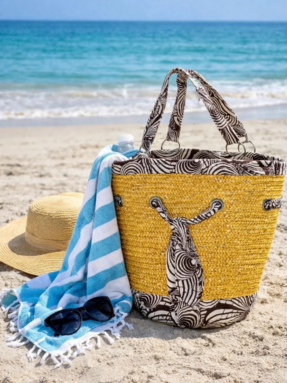 Stylish Yellow Straw with Brown and White Ribbon Accents Tote/Beach Bag